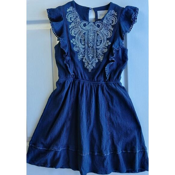 Moon River Embroidered Ruffles Mini Dress XS dark navy blue keyhole fully lined - Picture 1 of 14